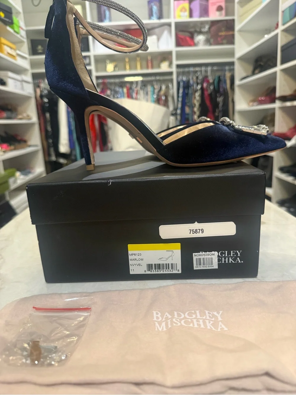 BADGLEY MISCHKA ankle Strap Embellished Marlow navy Stiletto with crystal New 11